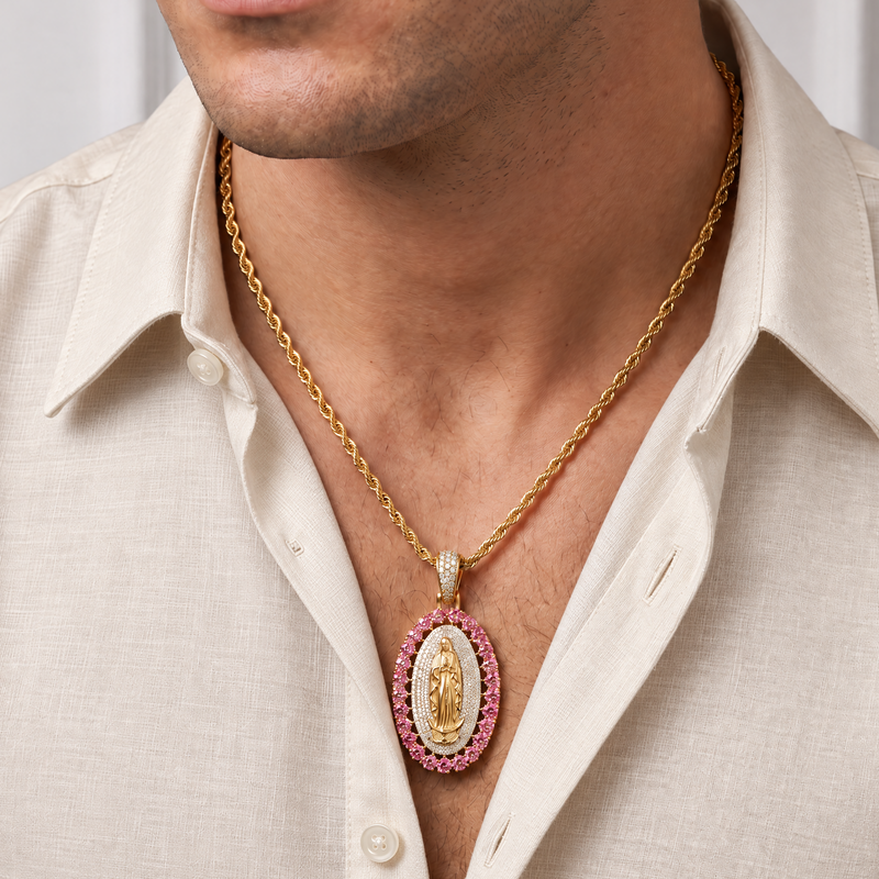 La Virgin De Guadalupe Pendant with Pink Diamonds, view 11