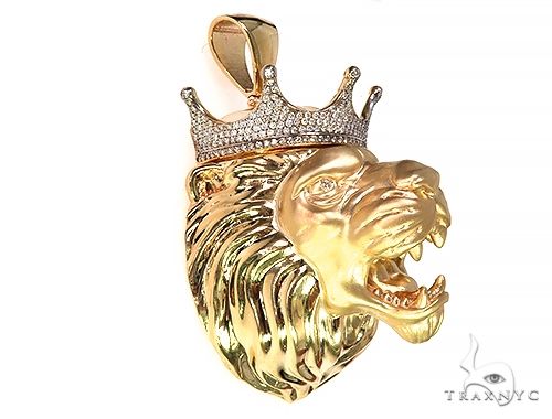 Large yellow gold lion head pendant with diamond-studded crown, fierce detailed design