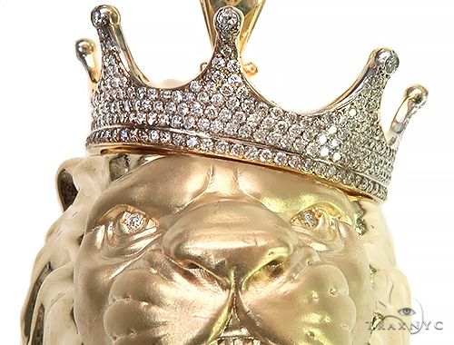 10K Gold Large Diamond Crown Lion Head Pendant, photo 4 of 6