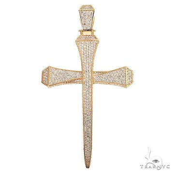 Large yellow gold cross pendant encrusted with small diamonds and textured edges.