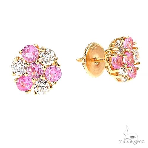 14K Gold Large Majesty Diamond Sapphire Flower Earrings, photo 2 of 3