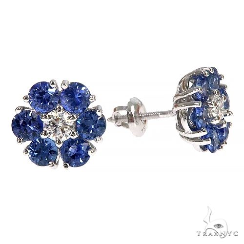 14K Gold Large Ocean Blue Sapphire Diamond Flower Earrings, photo 2 of 8