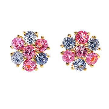 Large flower cluster earrings with blue and pink cotton candy sapphire gemstones in gold settings.