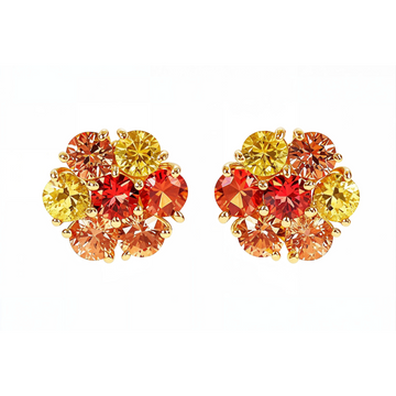 Cluster flower earrings with yellow, orange, and red sapphire gemstones in gold setting.