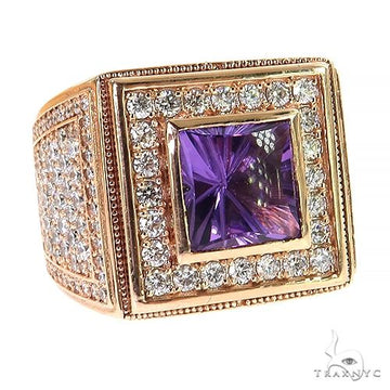 Yellow gold men’s ring with square cut amethyst center and diamond halo accents.