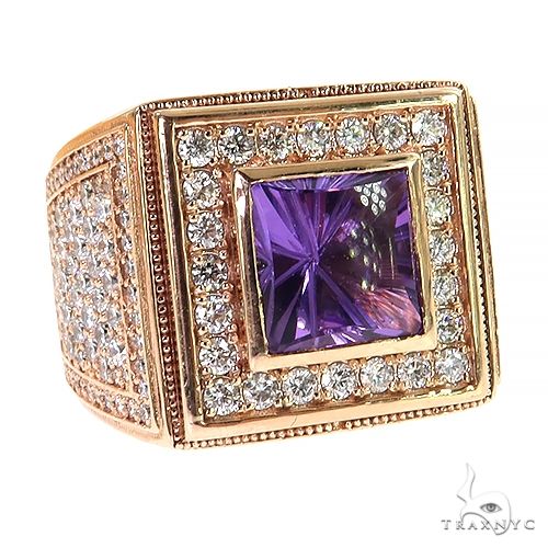 Yellow gold men’s ring with square cut amethyst center and diamond halo accents