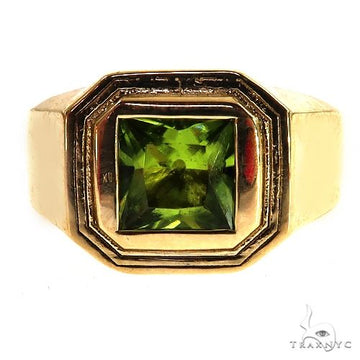 Yellow gold men's ring with square green peridot gemstone and stepped bezel design.