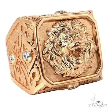 Bold rose gold ring with detailed roaring lion head and diamond accents on ornate band.