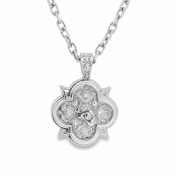 Silver pendant necklace with floral design and embedded sparkling stones on silver chain.