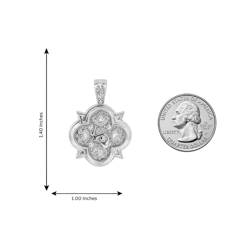 Silver pendant with Trax logo and anchor design next to a quarter for size reference.
