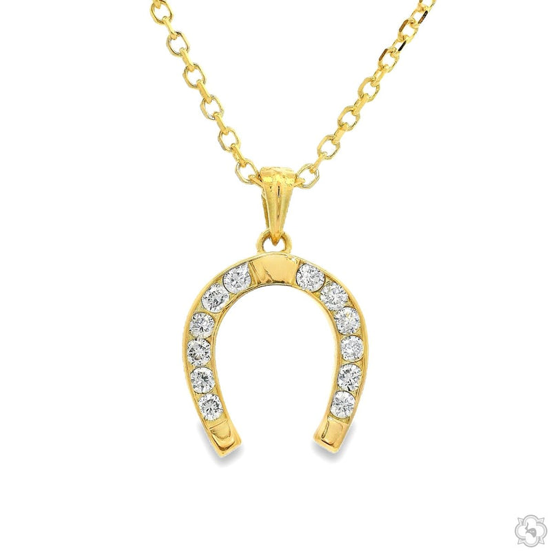 Yellow gold horseshoe pendant with sparkling round diamonds on a delicate chain