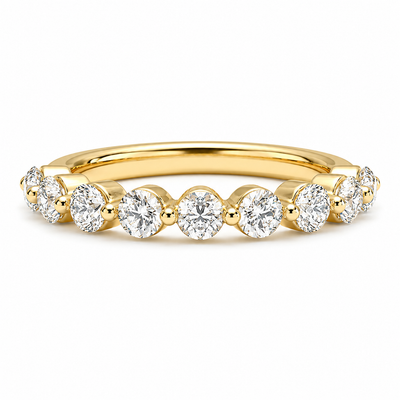 14K gold bubble diamond wedding band with 0.65 carat total weight of round lab grown diamonds in a single-prong half-eternity setting.