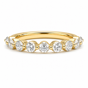 14K gold bubble diamond wedding band with 0.65 carat total weight of round lab grown diamonds in a single-prong half-eternity setting.