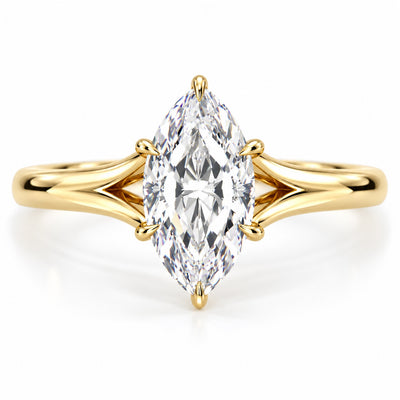 14K yellow gold marquise lab-grown diamond split shank engagement ring, top view
