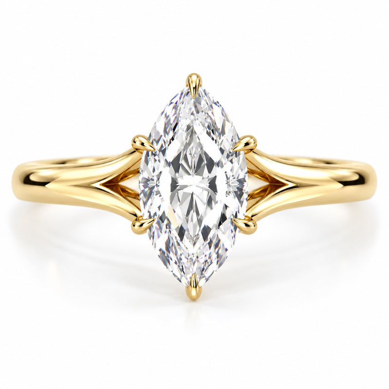14K yellow gold marquise lab-grown diamond split shank engagement ring, top view