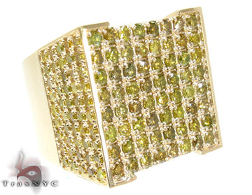 Yellow gold men's ring with square top, set with rows of green and white diamonds.