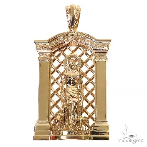 Yellow gold St. Lazarus pendant with detailed figure and lattice background, mens style