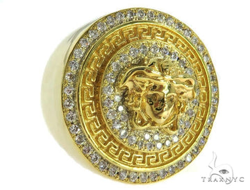 Heavy mens diamond ring in gold with round-cut stones in prong setting — front profile view