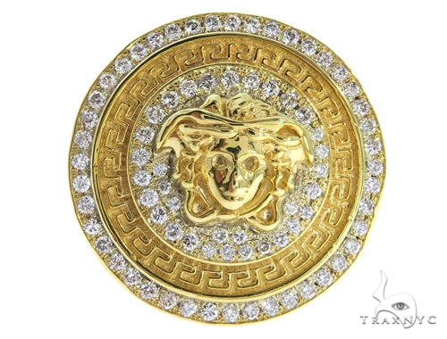 Yellow gold mens ring with Medusa head and diamond accents in circular design