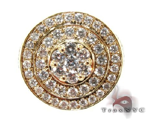 Mens 10K gold Mayan pinky ring with round-cut diamonds, front-facing view showing geometric channel setting