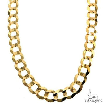 Mens 10k solid yellow gold curb chain, 7mm wide flat interlocked links, 26-inch length, front view