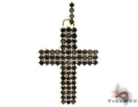 Black diamond cross crucifix pendant in 10k yellow gold with round-cut black diamond accents, front view