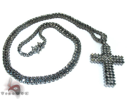 Black diamond chain necklace with a matching cross pendant in a dark metallic finish