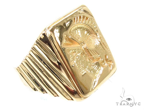 Gold men's gladiator ring with detailed Roman helmet design, polished finish