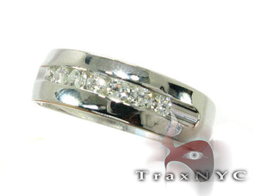 Men's white gold wedding band with a center row of channel-set round diamonds