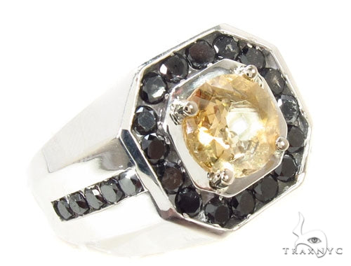 Men's silver ring with octagonal citrine center and dark stone accents