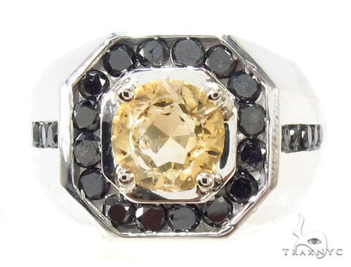 Men's silver ring with octagonal citrine center stone and black gemstone accents
