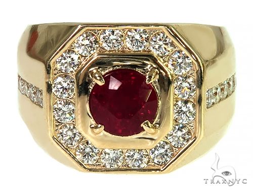 Yellow gold men's ring with round ruby center and surrounding diamonds in octagonal setting