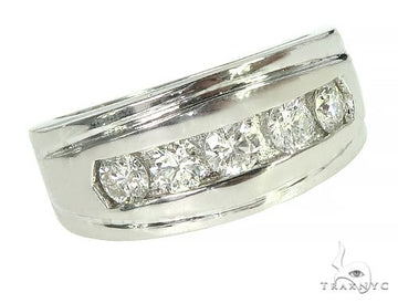 Men’s white gold wedding band with five channel-set diamonds, polished finish.
