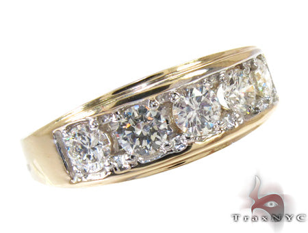 Yellow gold men's ring with five prong-set round diamonds in a row