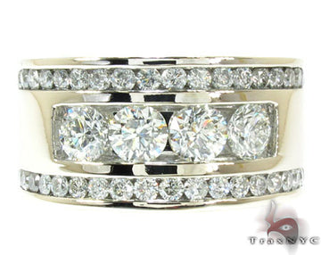Mens white gold band ring with channel-set round diamonds in three rows.