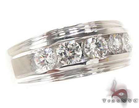 White gold men's channel band with five round diamonds and polished edges