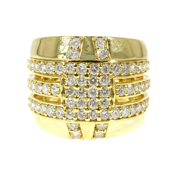 Mens 18k yellow gold ring with multiple rows of small diamonds and buckle design.
