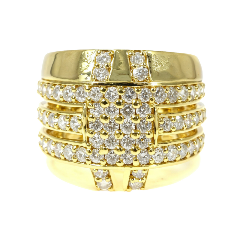 Mens 18k yellow gold ring with multiple rows of small diamonds and buckle design