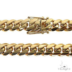 16-inch 10k yellow gold solid Miami Cuban link chain, 15mm wide, polished finish.