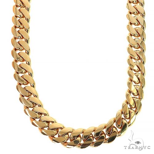 14k yellow gold Miami Cuban chain, 12mm wide, polished finish, 34 inches long.