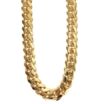 10mm Miami Cuban link chain in 18k yellow gold, 24 inches, flat-link close-up on neutral background
