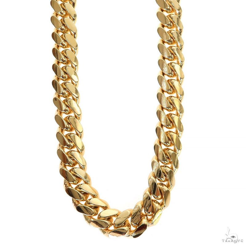 10mm Miami Cuban link chain in 18k yellow gold, 24 inches, flat-link close-up on neutral background