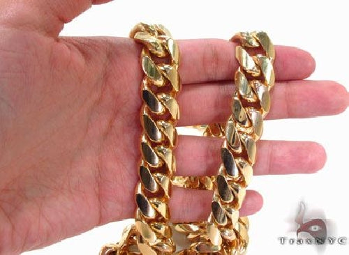 10k yellow gold solid Miami Cuban link chain, 15.5mm wide, polished finish.