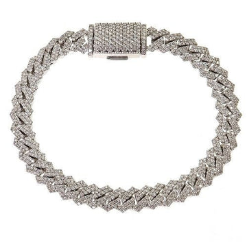 White gold Miami Cuban bracelet encrusted with diamonds, secure box clasp closure.