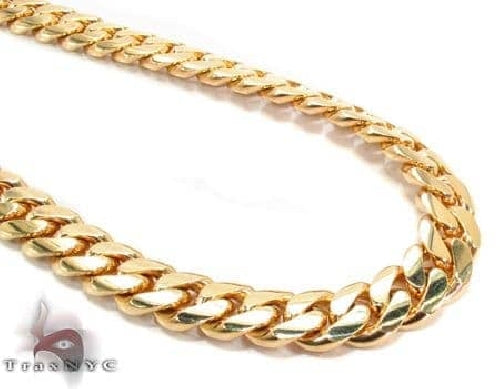 Miami Cuban link chain in 14k yellow gold – 10.3mm wide, 26 inch length, close-up of interlocking links