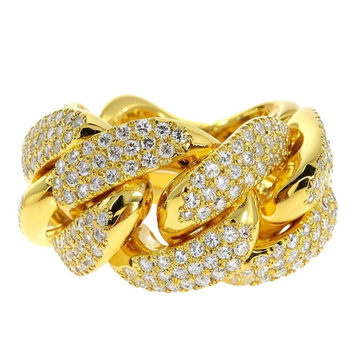 Mens Cuban link diamond ring 16mm wide, gold setting with diamonds set across interlocking link pattern