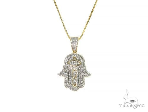 10K gold hamsa hand pendant with micro-pavé round diamonds, front-facing view