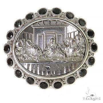 Mens silver ring featuring The Last Supper engraving with black stone accents around band.