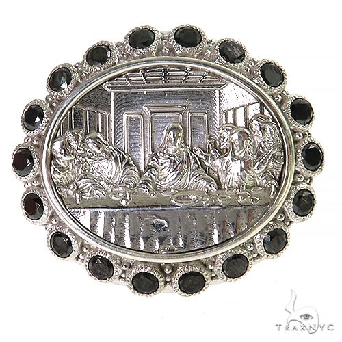 Mens silver ring featuring The Last Supper engraving with black stone accents around band