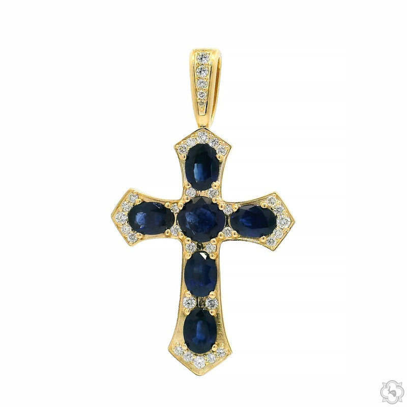 mens sapphire cross pendant – deep blue stones set across full cross face, front view